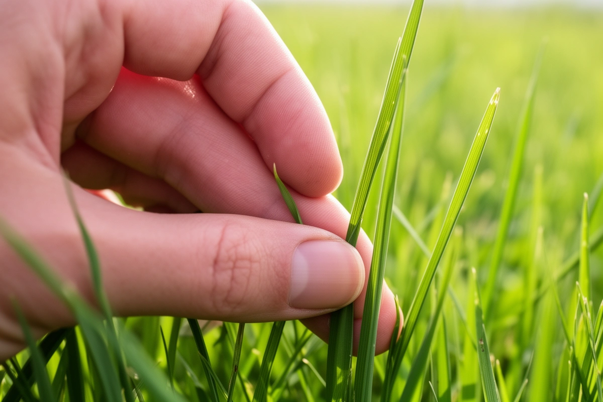 Main qui tient quelques brins d'herbe pour montrer une hauteur d'environ sept centimètres