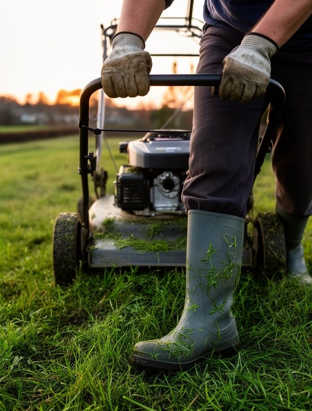 Mains gantées sur le guidon d'une tondeuse thermique, brins d'herbe sur les chaussures