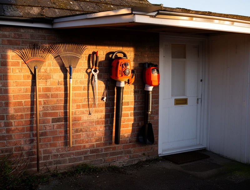 Outils de jardin accrochés au mur de briques d'un garage