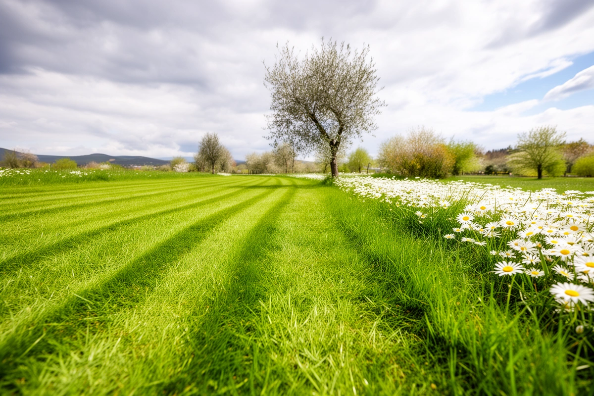 Pelouse verte au printemps avec les premières lignes de tonte et des pâquerettes