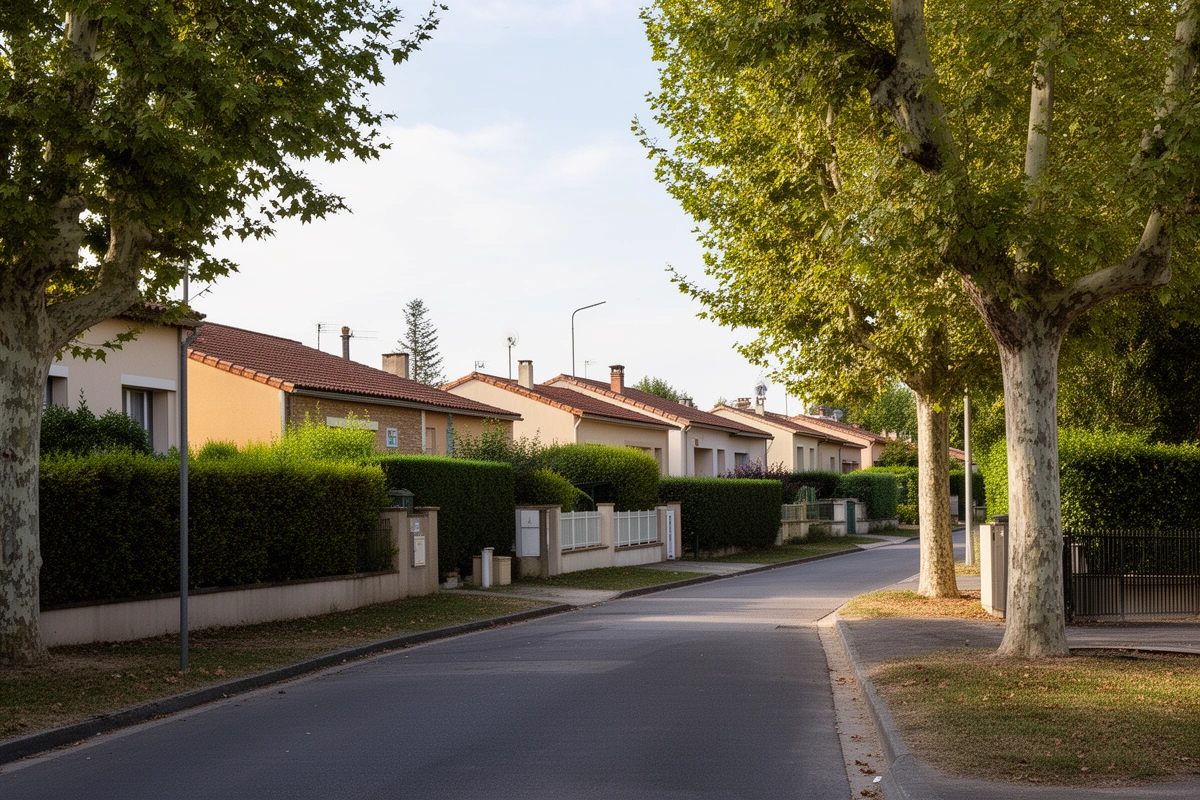Rue calme de maisons de plain-pied avec haies et petites pelouses à l'ouest de Toulouse